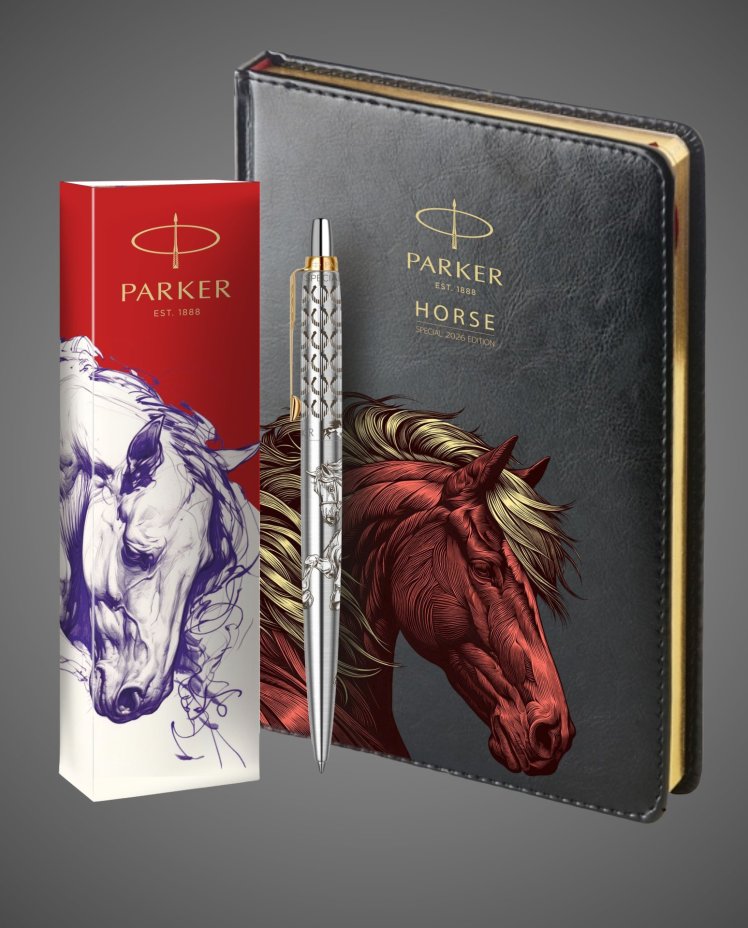 Подарочный набор: Шариковая ручка Parker Jotter Horse Special Edition в подарочной коробке и ежедневник недатированный черный с золотым срезом, Кожа и мех: искусственная кожа, нержавеющая сталь, позолота