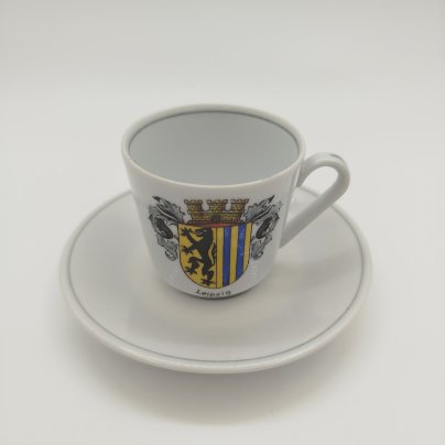 Кофейная пара сувенирная, украшенная гербом города Leipzig, фарфор, обводка, деколь, Weimar Porzellan (Веймарский фарфор), ГДР, 1949-1980 гг.