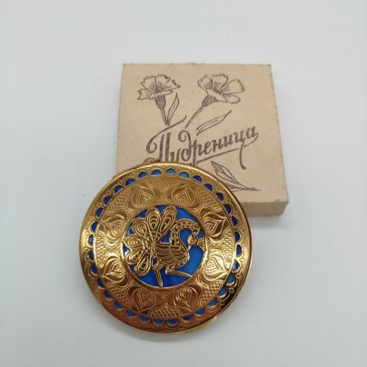 Пудреница с зеркалом в восточном стиле "Павлин" в родной упаковке, металл, картон, стекло, Завод «Металлодеталь», СССР, 1970-1990 гг., Завод «Металлодеталь»