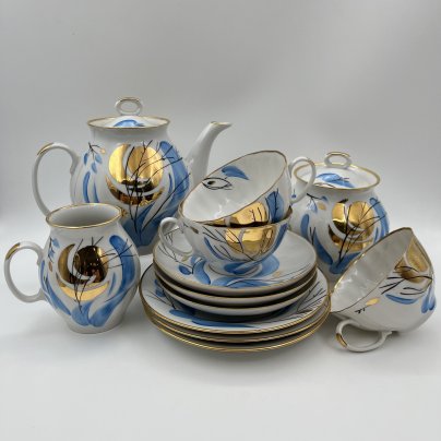 Сервиз чайный "Зимнее солнце" на 3 персоны (12 предметов), фарфор, роспись, золочение, Дулевский фарфоровый завод (Дулёво), СССР, 1988 г.