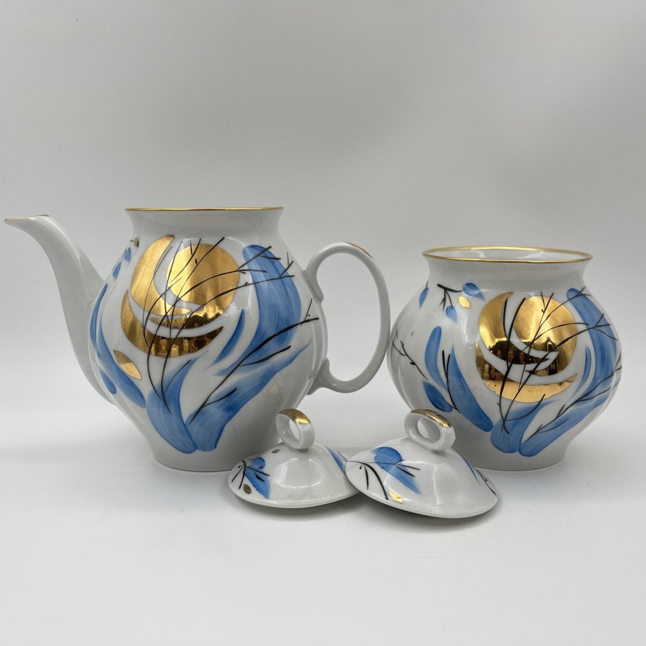 Сервиз чайный "Зимнее солнце" на 3 персоны (12 предметов), фарфор, роспись, золочение, Дулевский фарфоровый завод (Дулёво), СССР, 1988 г.