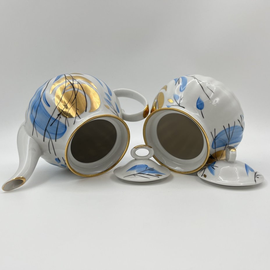 Сервиз чайный "Зимнее солнце" на 3 персоны (12 предметов), фарфор, роспись, золочение, Дулевский фарфоровый завод (Дулёво), СССР, 1988 г.