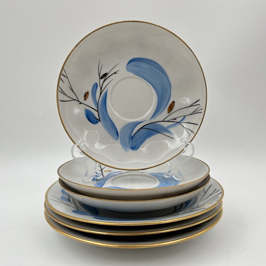 Сервиз чайный "Зимнее солнце" на 3 персоны (12 предметов), фарфор, роспись, золочение, Дулевский фарфоровый завод (Дулёво), СССР, 1988 г.