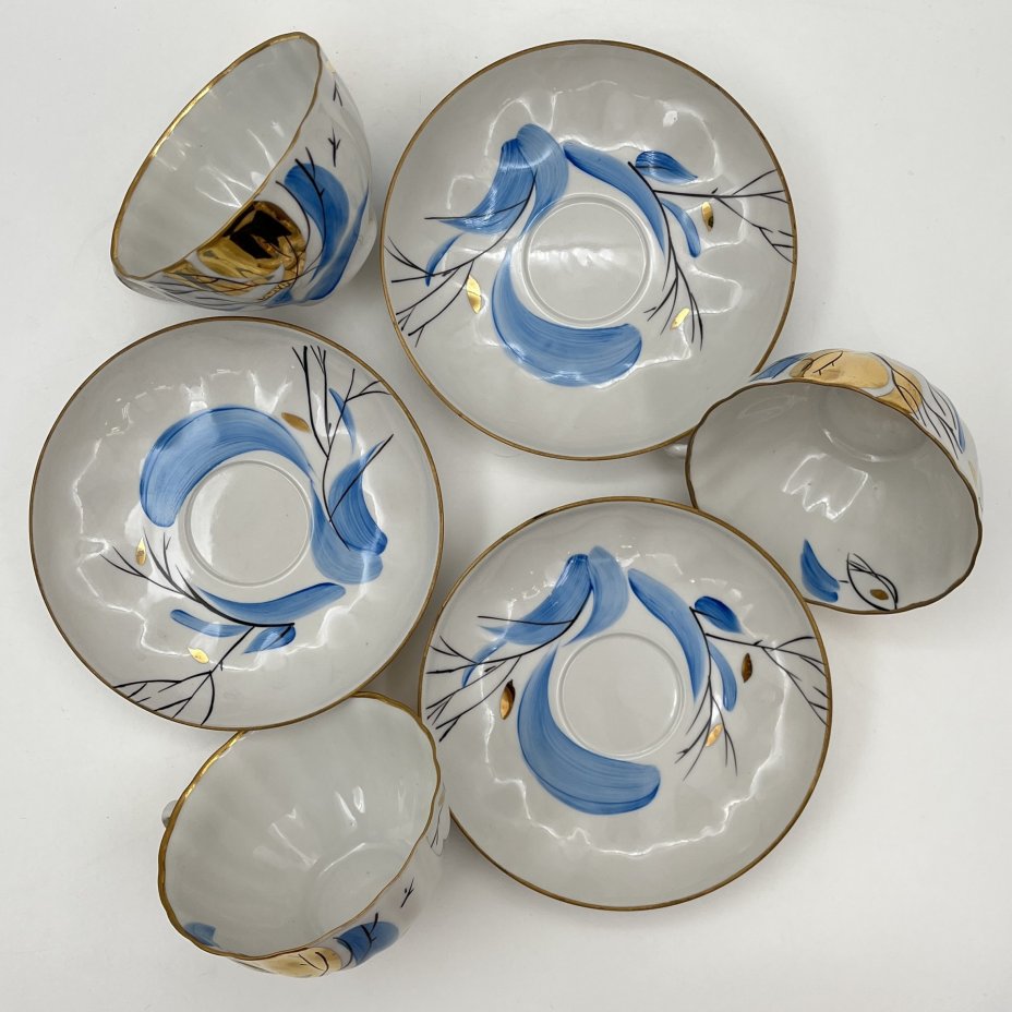 Сервиз чайный "Зимнее солнце" на 3 персоны (12 предметов), фарфор, роспись, золочение, Дулевский фарфоровый завод (Дулёво), СССР, 1988 г.