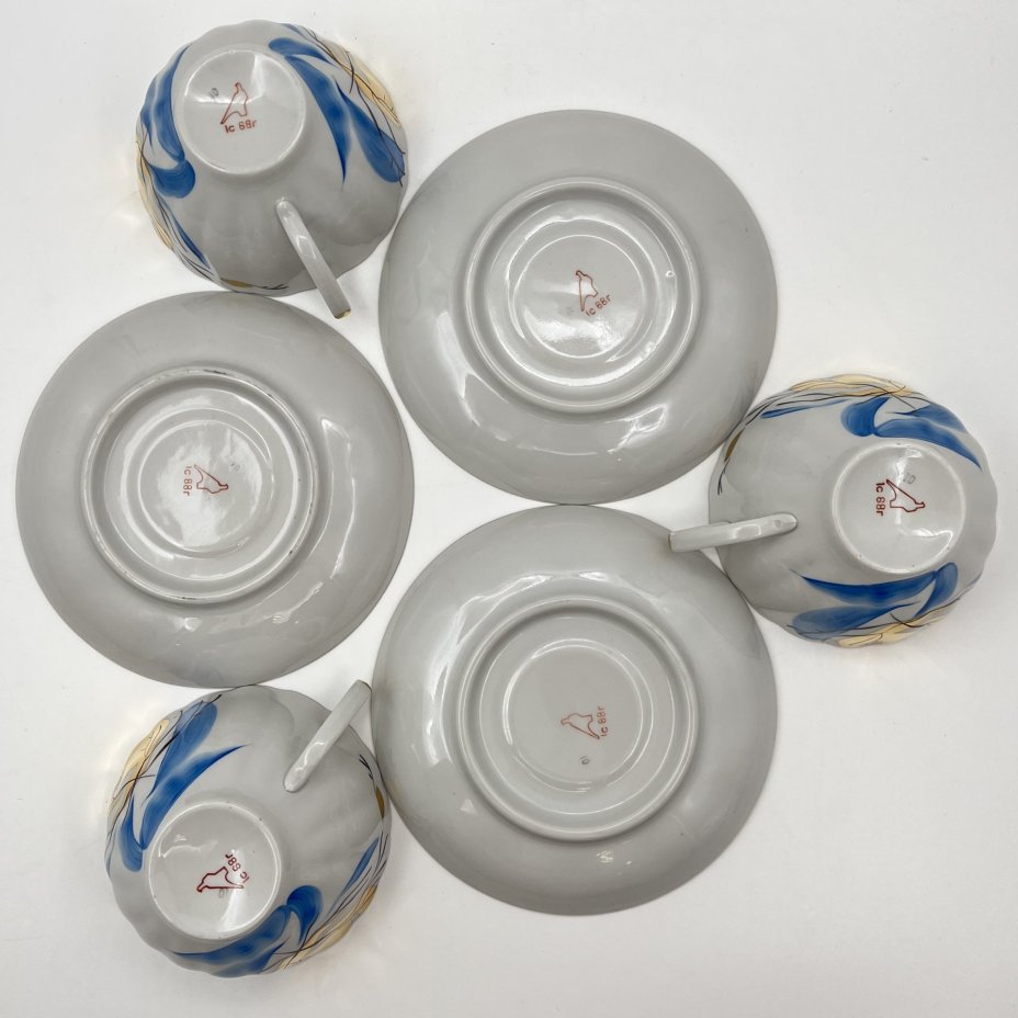 Сервиз чайный "Зимнее солнце" на 3 персоны (12 предметов), фарфор, роспись, золочение, Дулевский фарфоровый завод (Дулёво), СССР, 1988 г.