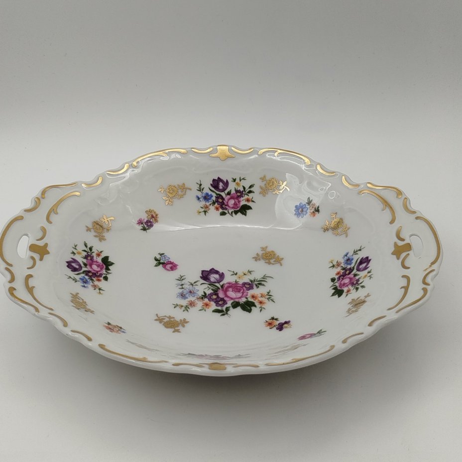 Сухарница с двумя ручками и цветочным декором, фарфор, деколь, золочение, Reichenbach (Райхенбах), Германия, 1968-1990 гг.