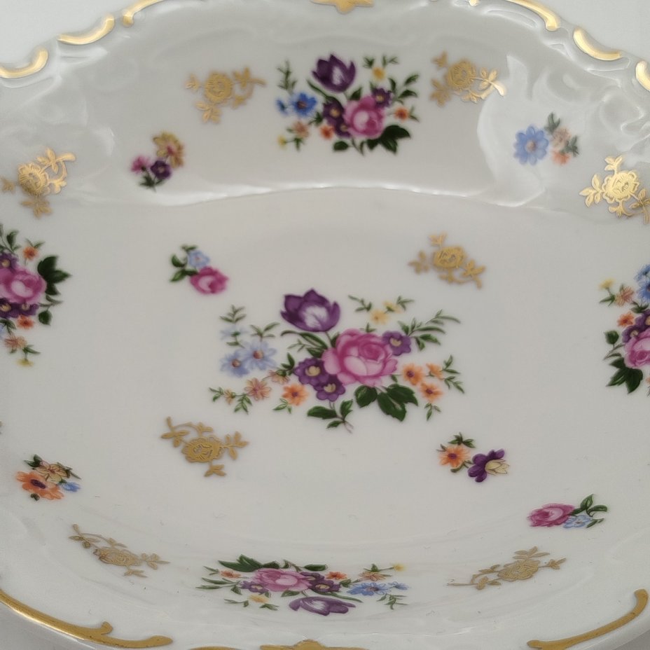 Сухарница с двумя ручками и цветочным декором, фарфор, деколь, золочение, Reichenbach (Райхенбах), Германия, 1968-1990 гг.