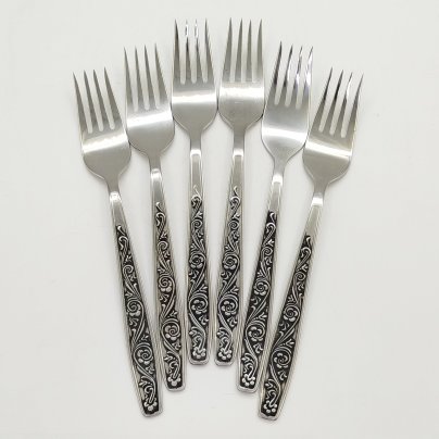 Набор из 6-ти столовых вилок с цветочным декором, нержавеющая сталь, Павловский завод художественных металлоизделий им. С.М. Кирова, СССР, 1950-1960 гг.
