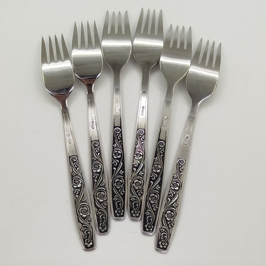 Набор из 6-ти столовых вилок с цветочным декором, нержавеющая сталь, Павловский завод художественных металлоизделий им. С.М. Кирова
