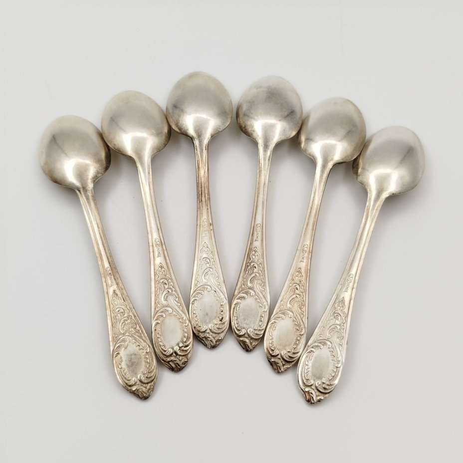 Набор из шести чайных ложек с растительным декором, мНЦ (медь-никель-цинк), Киевский завод столовых приборов и посуды им. Дзержинского (ЗiД, ЗиД), СССР, 1960-1990 гг.