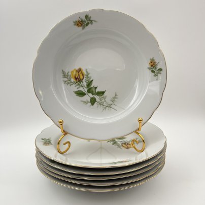 Набор суповых (глубоких) тарелок "Желтая роза" на 6 персон, фарфор, деколь, золочение, Kahla, ГДР, 1970-1980 гг.