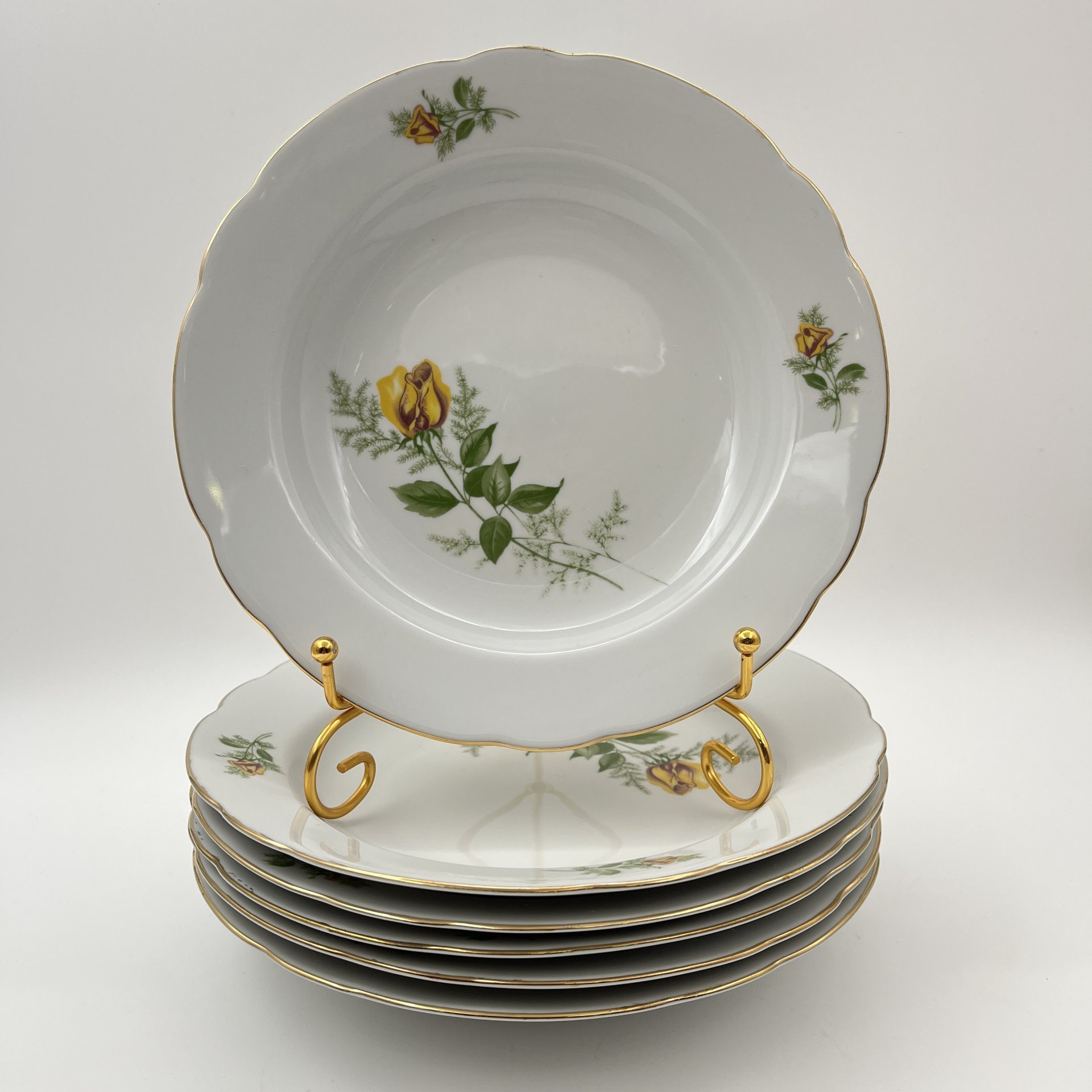 Набор суповых (глубоких) тарелок "Желтая роза" на 6 персон, фарфор, деколь, золочение, Kahla, ГДР, 1970-1980 гг.