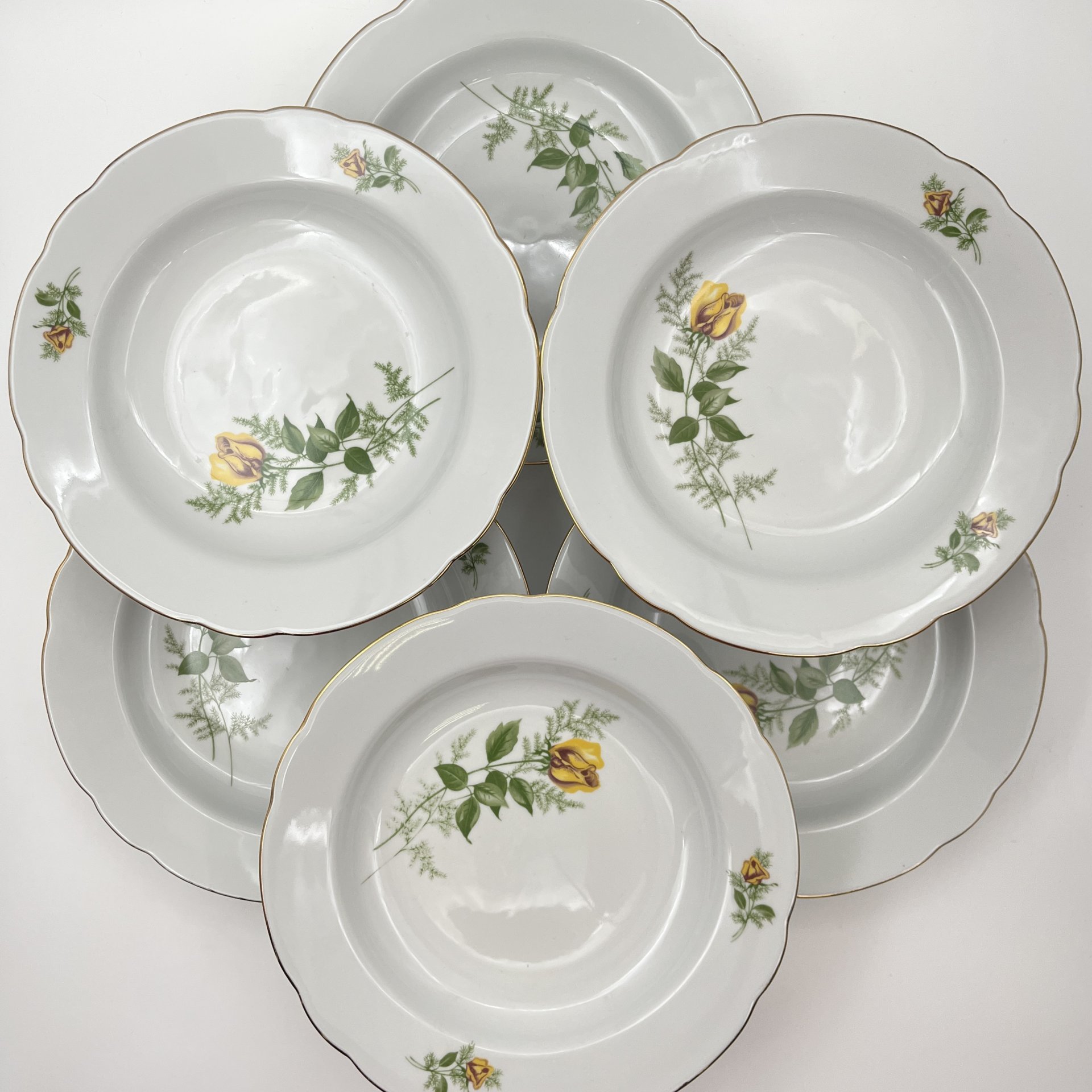 Набор суповых (глубоких) тарелок "Желтая роза" на 6 персон, фарфор, деколь, золочение, Kahla, ГДР, 1970-1980 гг.