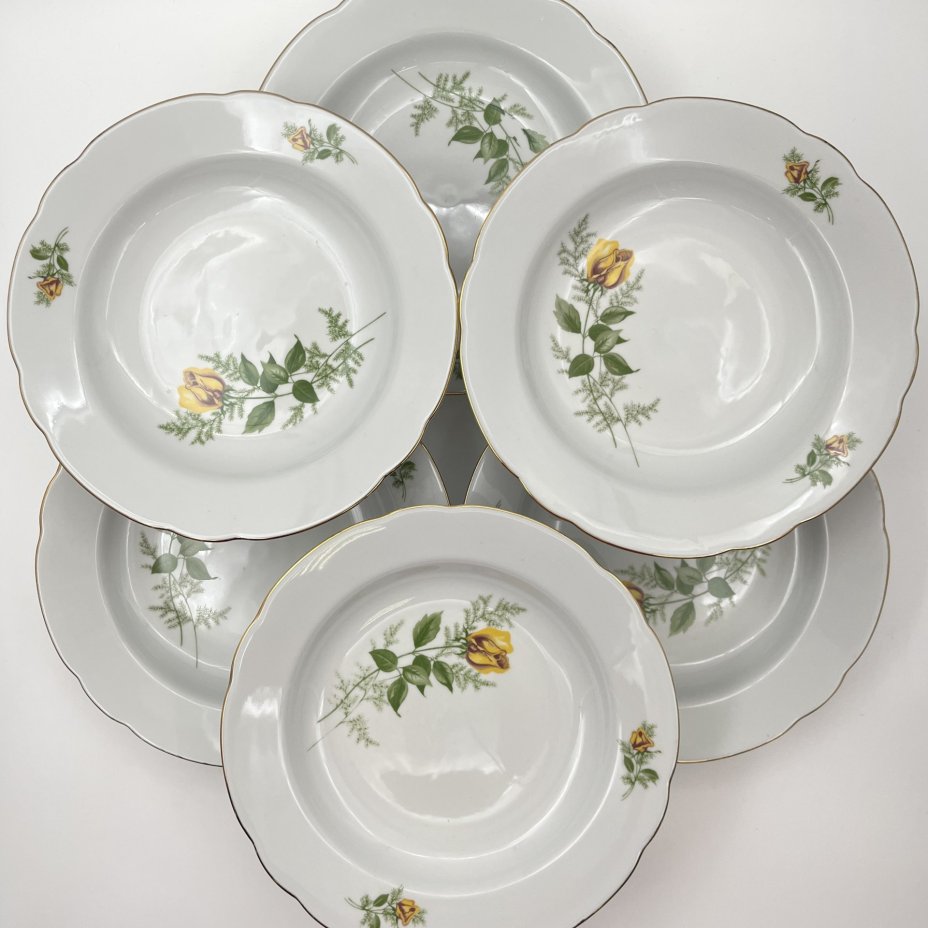 Набор суповых (глубоких) тарелок "Желтая роза" на 6 персон, фарфор, деколь, золочение, Kahla, ГДР, 1970-1980 гг.