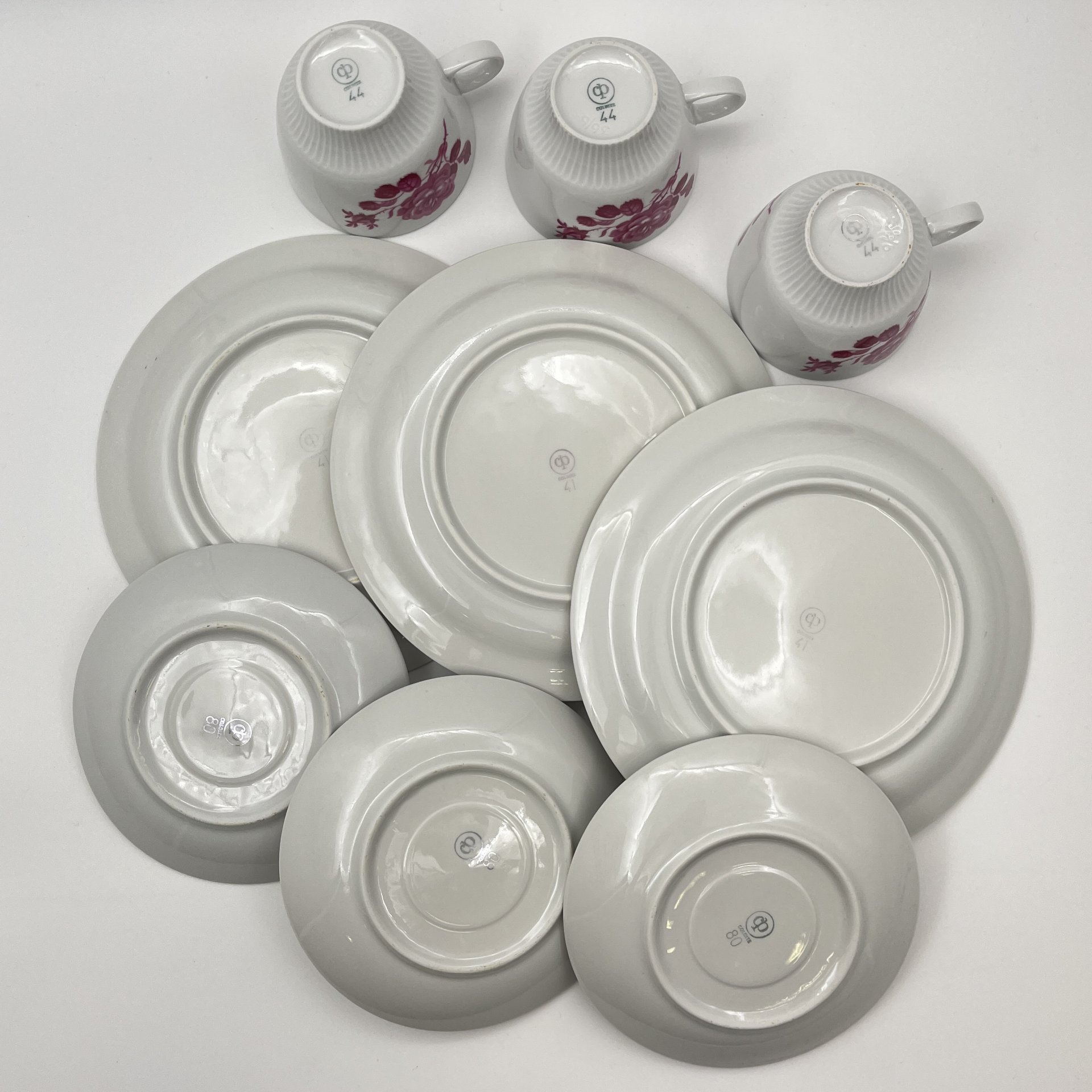 Набор чайных трио с цветочным декором на 3 персоны, фарфор, деколь, золочение, Colditz (Кольдиц), ГДР, 1970-1990 гг.