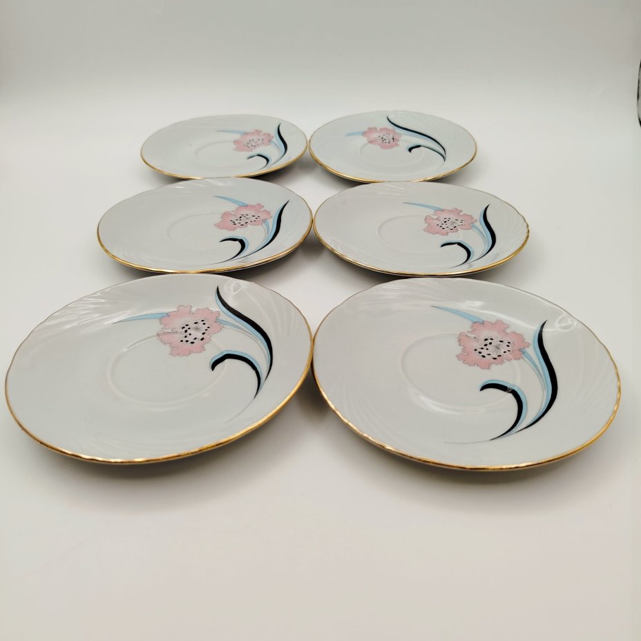 Набор из 6-ти блюдец с цветочным декором, фарфор, деколь, золочение, Cluj-Napoca Porcelain, Румыния, 1970-1990 гг.