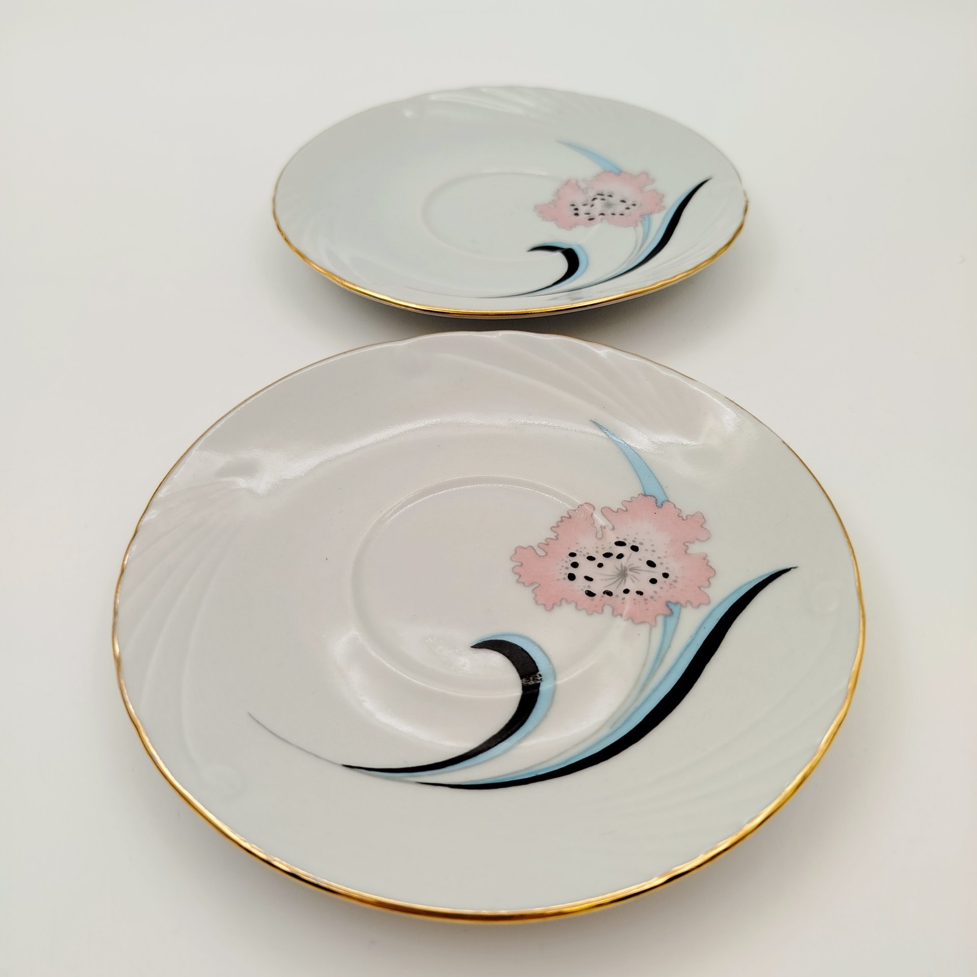 Набор из 6-ти блюдец с цветочным декором, фарфор, деколь, золочение, Cluj-Napoca Porcelain, Румыния, 1970-1990 гг.