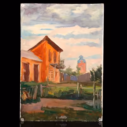 Картина "В привокзальном дворе", автор Юрий Рыполовский, картон, масло