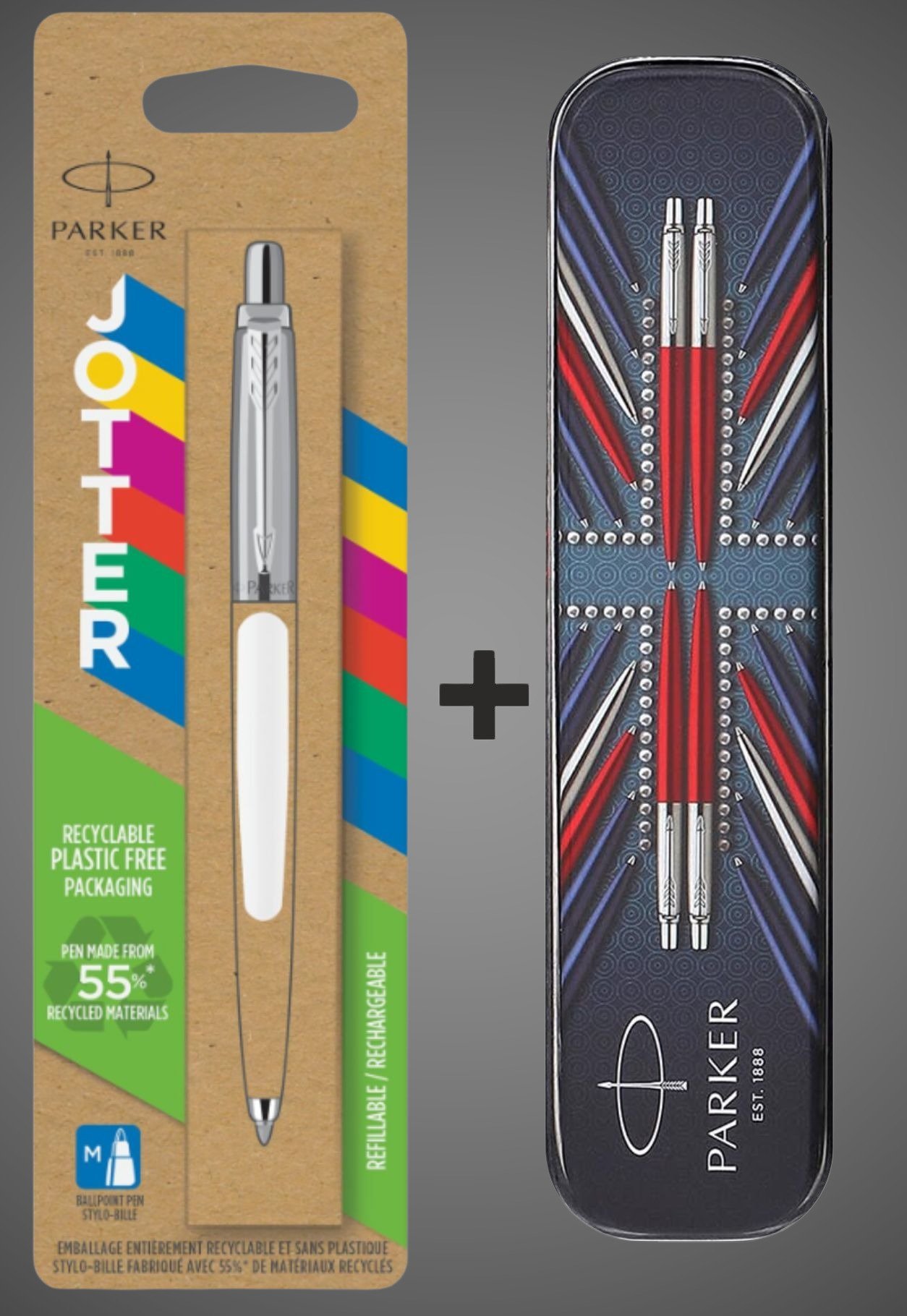 Шариковая ручка Parker Jotter ORIGINALS WHITE CT, стержень: Mblue ЭКО-УПАКОВКА+жестяной футляр, Металлы: нержавеющая сталь, пластик