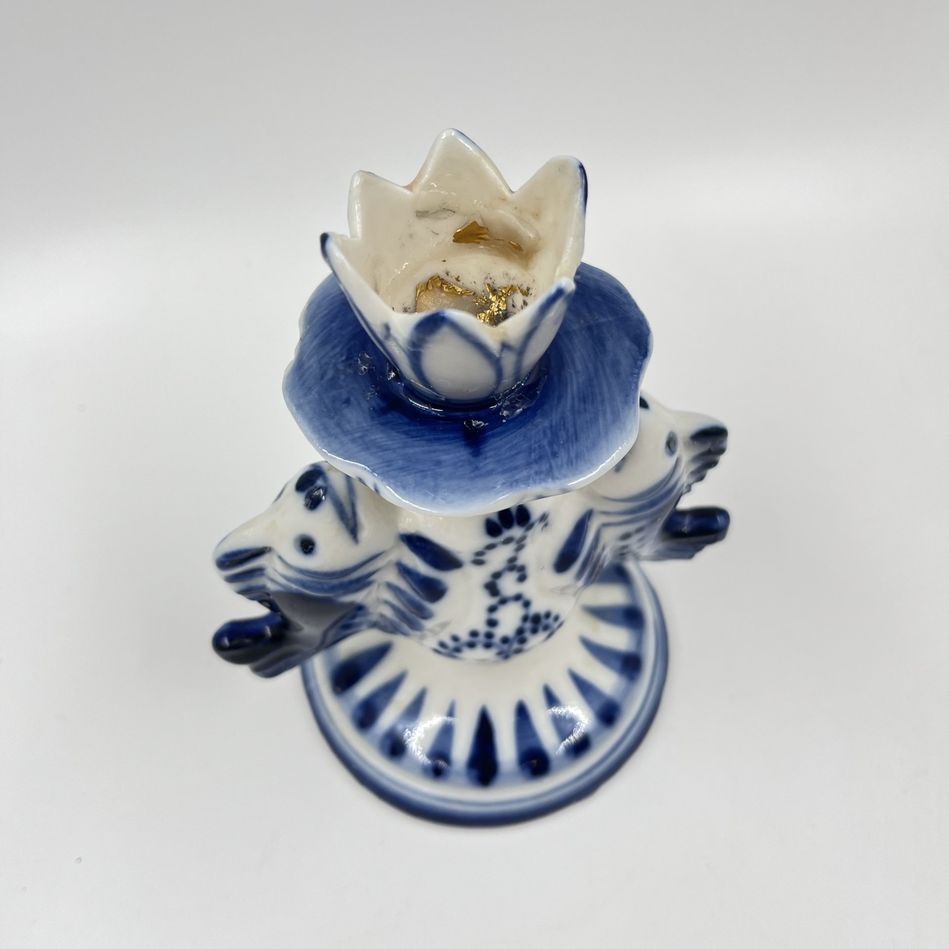 Подсвечник для одной свечи "Рыбы", Гжель, фарфор, роспись, СССР, 1980-1990 гг.