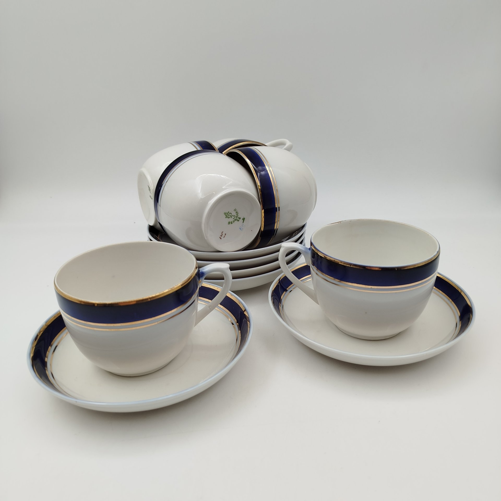 Набор из 6-ти чайных пар, фарфор, крытье, золочение, Дмитровский фарфоровый завод (ДФЗ Вербилки), СССР, 1954-1965 гг.