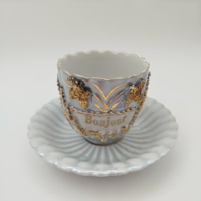 Пара чайная "Bonsoir" с растительным декором, фарфор, крытье, золочение, Франция, 1950-1970 гг.