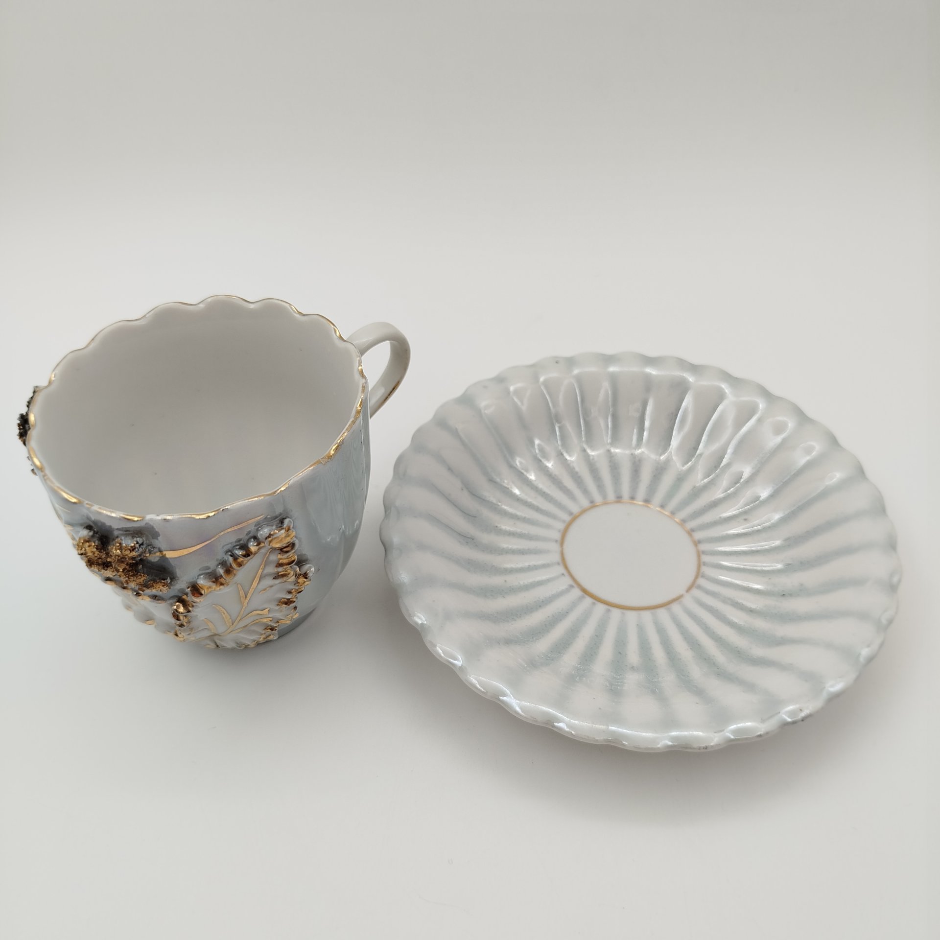 Пара чайная "Bonsoir" с растительным декором, фарфор, крытье, золочение, Франция, 1950-1970 гг.