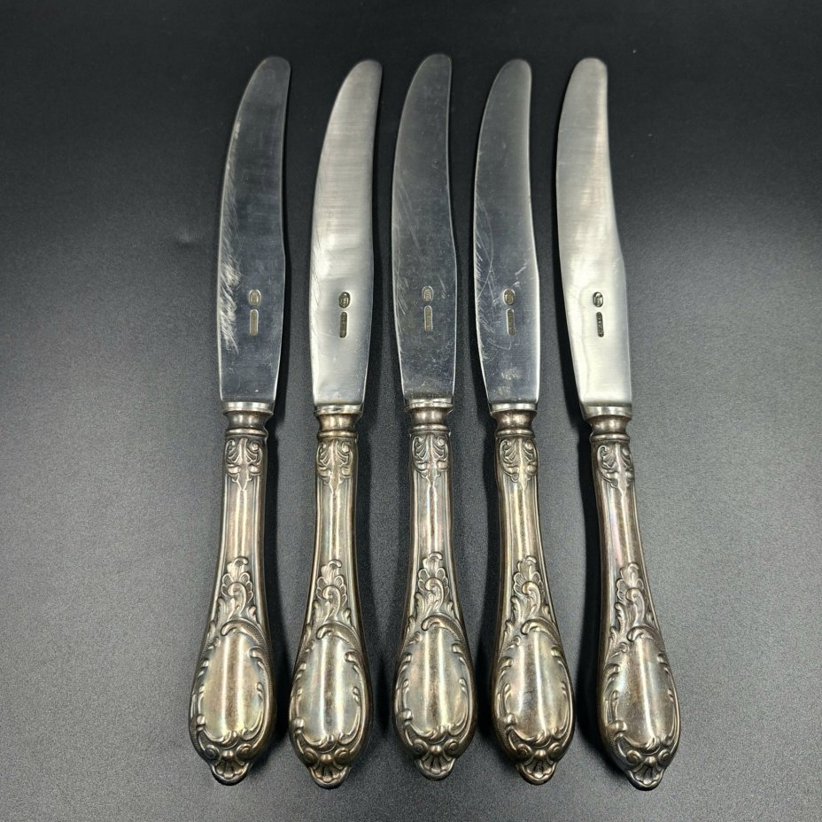 Набор из пяти больших столовых ножей с растительным декором, мНЦ (медь-никель-цинк), нержавеющая сталь, Вольнянский завод столовых приборов им. Шевченко (ЗiШ, ЗиШ), СССР, 1960-1980 гг.
