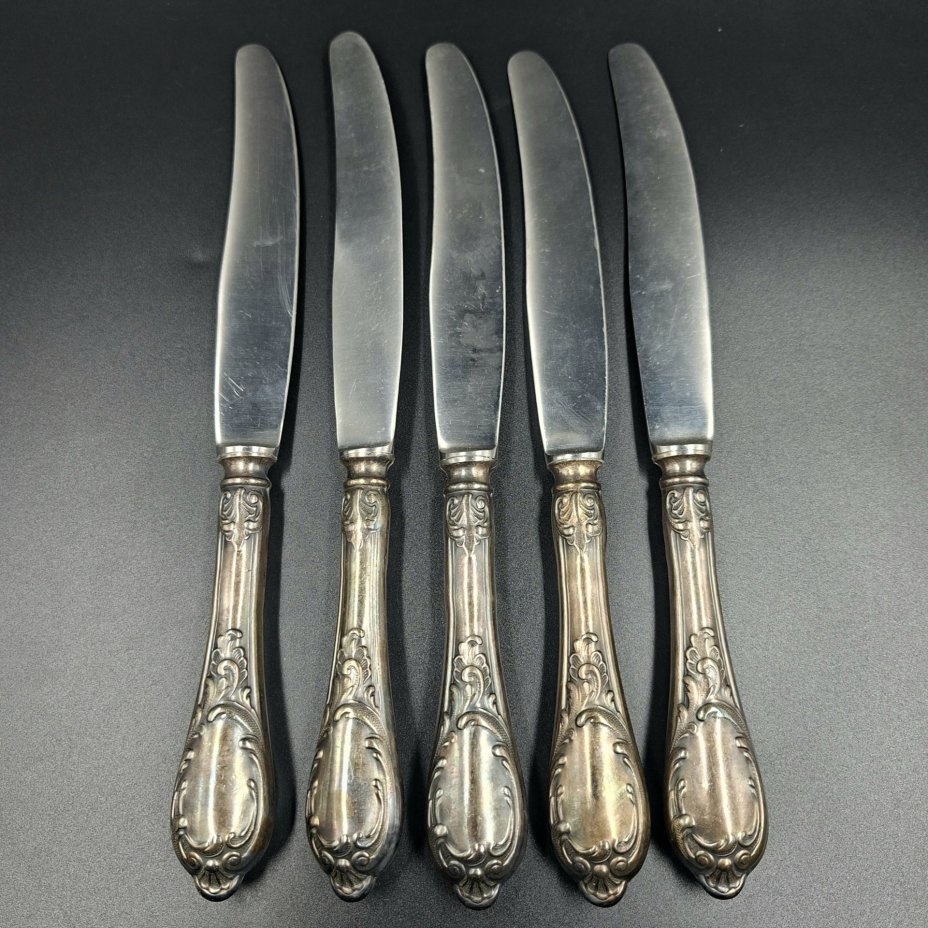 Набор из пяти больших столовых ножей с растительным декором, мНЦ (медь-никель-цинк), нержавеющая сталь, Вольнянский завод столовых приборов им. Шевченко (ЗiШ, ЗиШ), СССР, 1960-1980 гг.