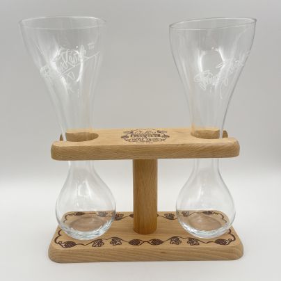 Пара бокалов для пива (для Квака (Kwak)) уникальной формы с ручкой выполненной из дерева, стекло, дерево, деколь, Бельгия, 2000-2010 гг.