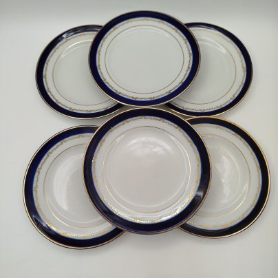 Набор из шести десертных тарелок с орнаментом вдоль борта, фарфор, крытье кобальтом, золочение, Ленинградский фарфоровый завод (ЛФЗ), СССР, 1950-1960 гг.
