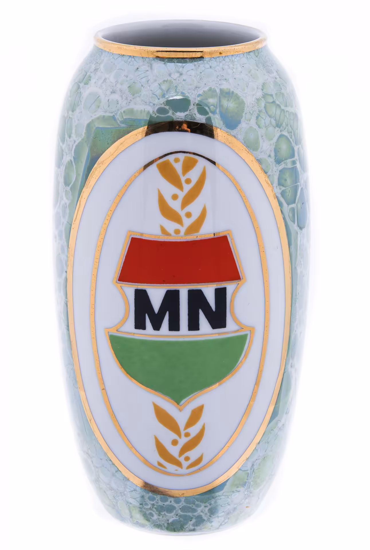 Ваза с эмблемой "МN" ("Magyar Néphadsereg" - пер. "Венгерская народная армия"), фарфор, деколь, люстр, золочение, "Hollohaza", Венгрия, 1979-1985 гг., Hollohaza