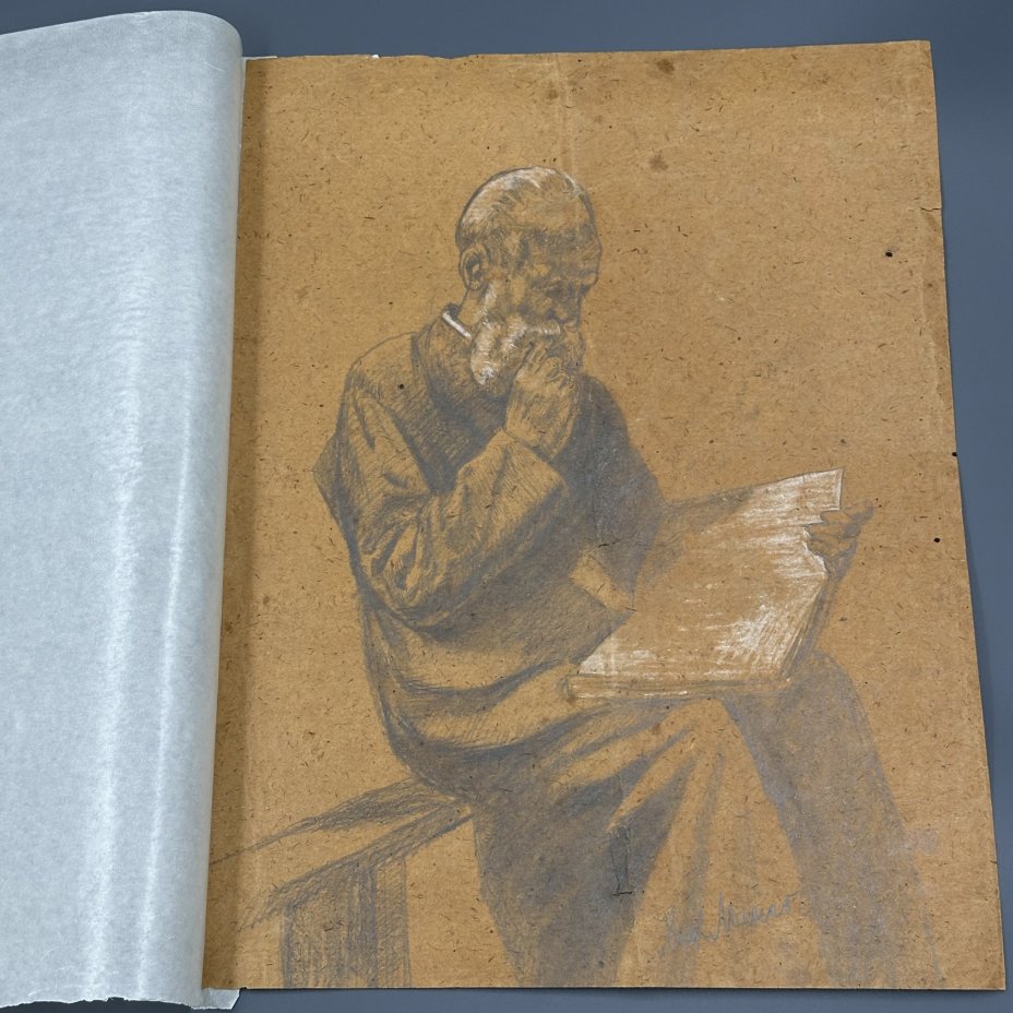 Портрет мужчины, читающего книгу, художник Монастырёв Н.В., бумага, смешанная техника