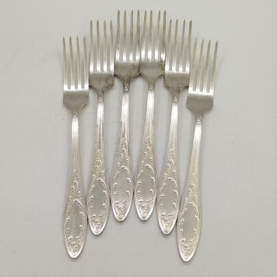 Набор из шести столовых вилок "Пламя", мНЦ (медь-никель-цинк), Кольчугинский завод цветных металлов, СССР, 1960-1980 гг.