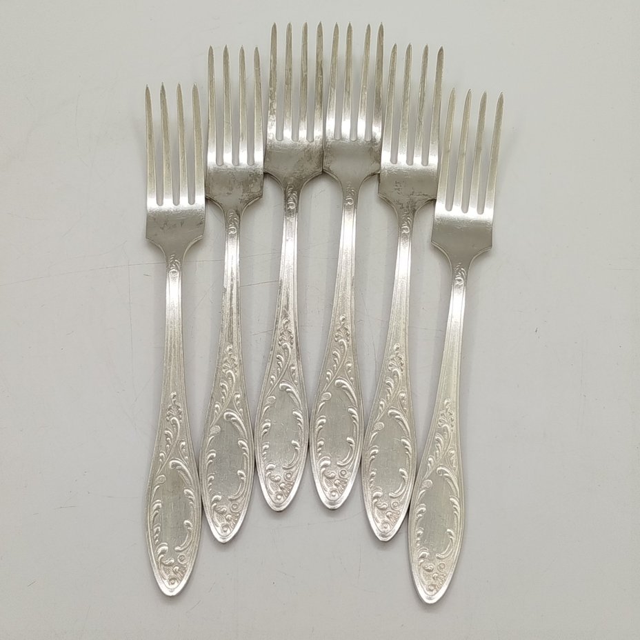 Набор из шести столовых вилок "Пламя", мНЦ (медь-никель-цинк), Кольчугинский завод цветных металлов, СССР, 1960-1980 гг.