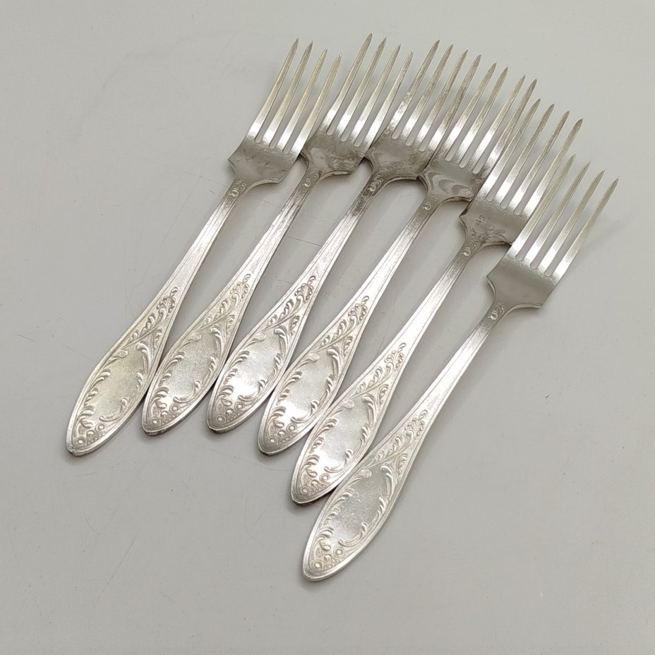 Набор из шести столовых вилок "Пламя", мНЦ (медь-никель-цинк), Кольчугинский завод цветных металлов, СССР, 1960-1980 гг.