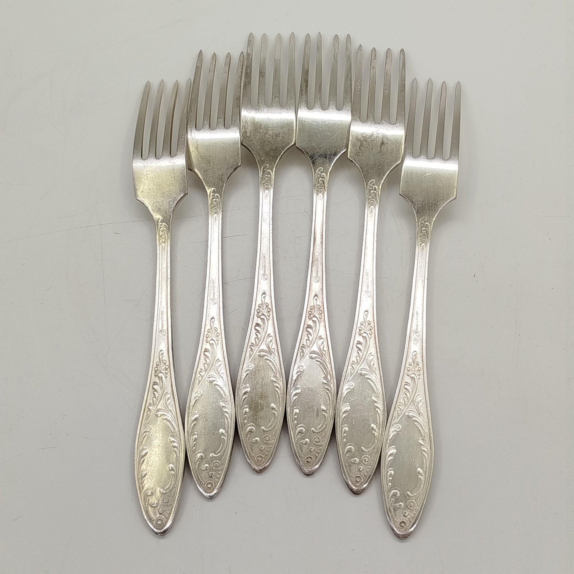 Набор из шести столовых вилок "Пламя", мНЦ (медь-никель-цинк), Кольчугинский завод цветных металлов, СССР, 1960-1980 гг.