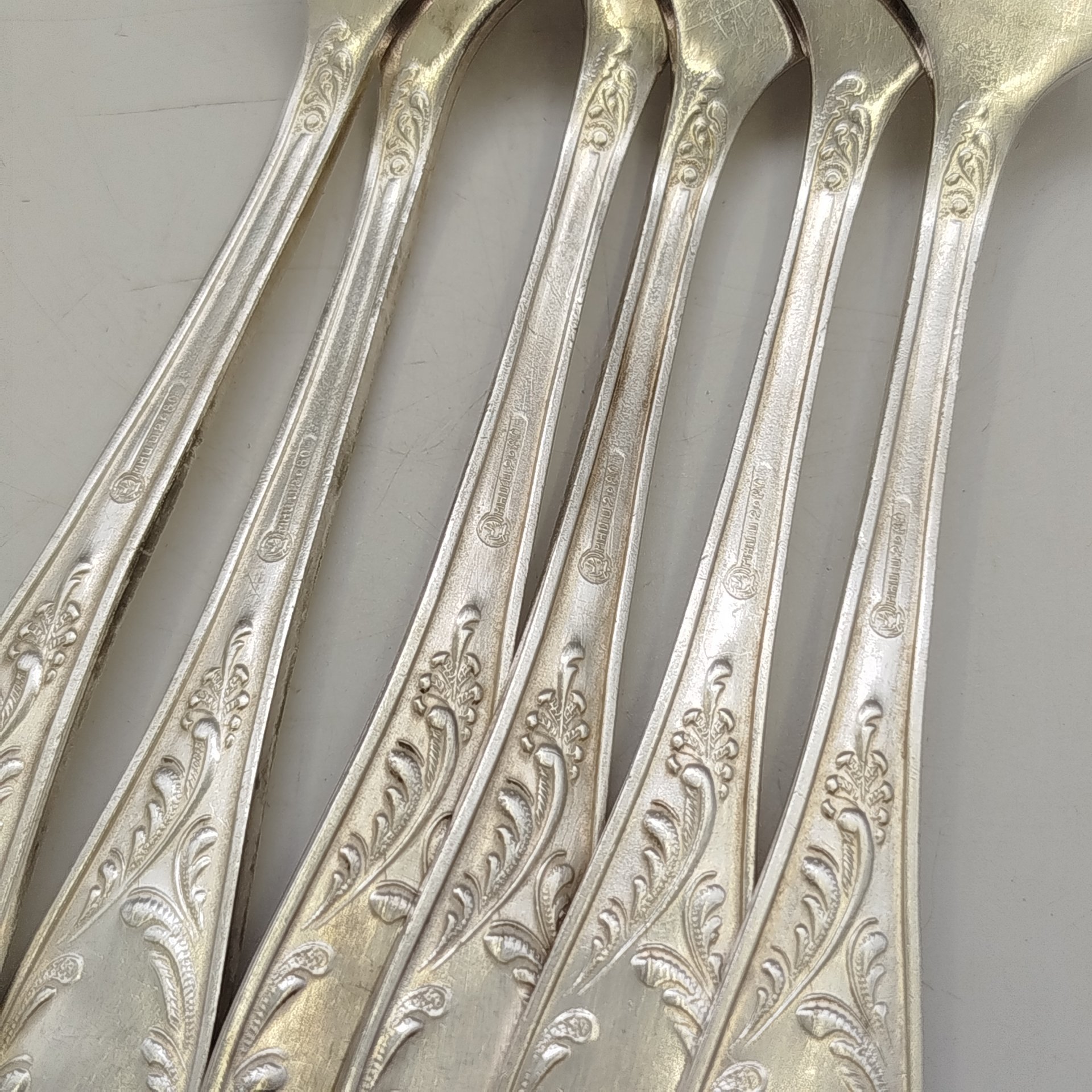 Набор из шести столовых вилок "Пламя", мНЦ (медь-никель-цинк), Кольчугинский завод цветных металлов, СССР, 1960-1980 гг.