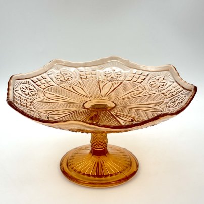 Вазочка на ножке (конфетница) карамельного оттенка, стекло, пресс, СССР, 1960-1990 гг.