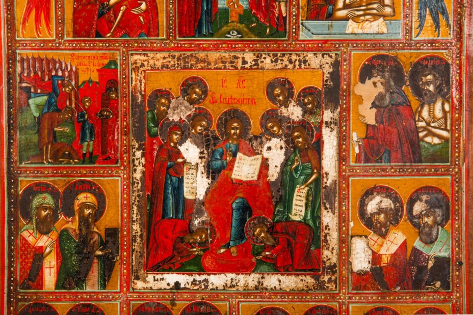 Икона "Спас на троне" (с предстоящими и сценами жития) в  13 клеймах, [редкий образ с подписью даты создания]