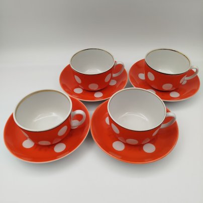 Набор чайных пар на 4 персоны с декором "белый горошек", фарфор, крытье, Дружковский фарфоровый завод, СССР, 1974-1991 гг.