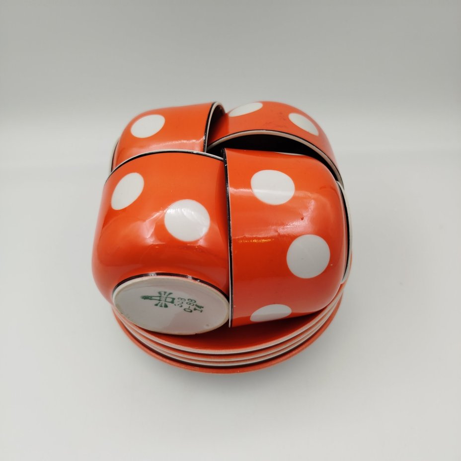 Набор чайных пар на 4 персоны с декором "белый горошек", фарфор, крытье, Дружковский фарфоровый завод, СССР, 1974-1991 гг.