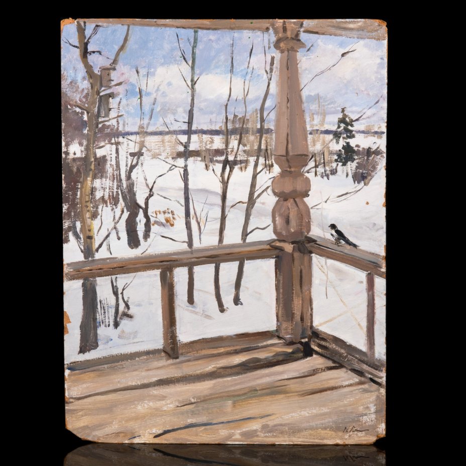 Картина "Веранда зимой", художник Репин Николай Никитович (1932-2023 гг.), картон, масло, СССР, 1978 г.