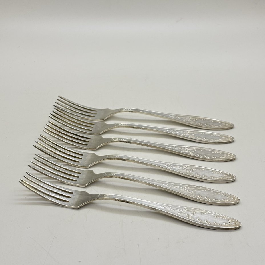Набор из шести десертных вилок "Пламя", мНЦ (медь-никель-цинк), Кольчугинский завод цветных металлов, СССР, 1960-1990 гг.
