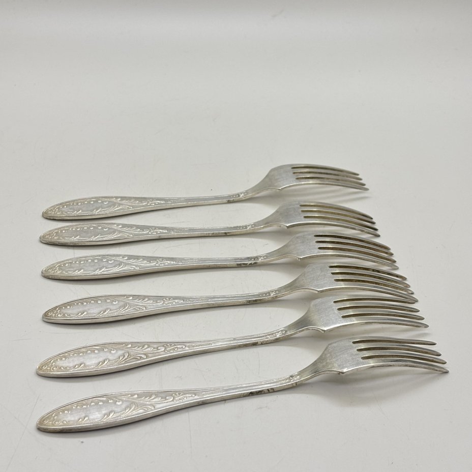 Набор из шести десертных вилок "Пламя", мНЦ (медь-никель-цинк), Кольчугинский завод цветных металлов, СССР, 1960-1990 гг.