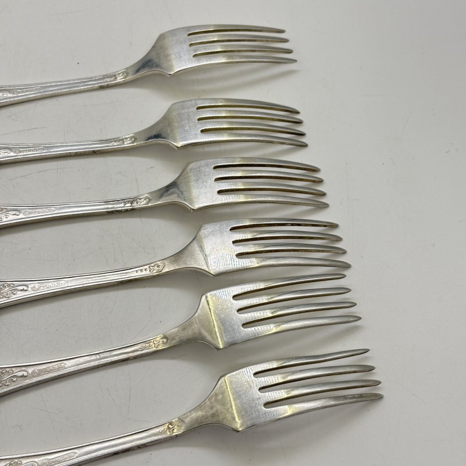 Набор из шести десертных вилок "Пламя", мНЦ (медь-никель-цинк), Кольчугинский завод цветных металлов, СССР, 1960-1990 гг.
