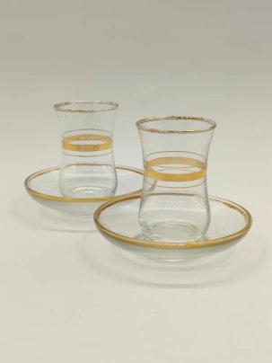 Набор из двух чайных пар со стаканами армудами для чаепития в восточном стиле, стекло, золочение, Турция, 1980-1990 гг.