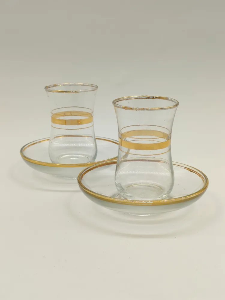 Набор из двух чайных пар со стаканами армудами для чаепития в восточном стиле, стекло, золочение, Турция, 1980-1990 гг.