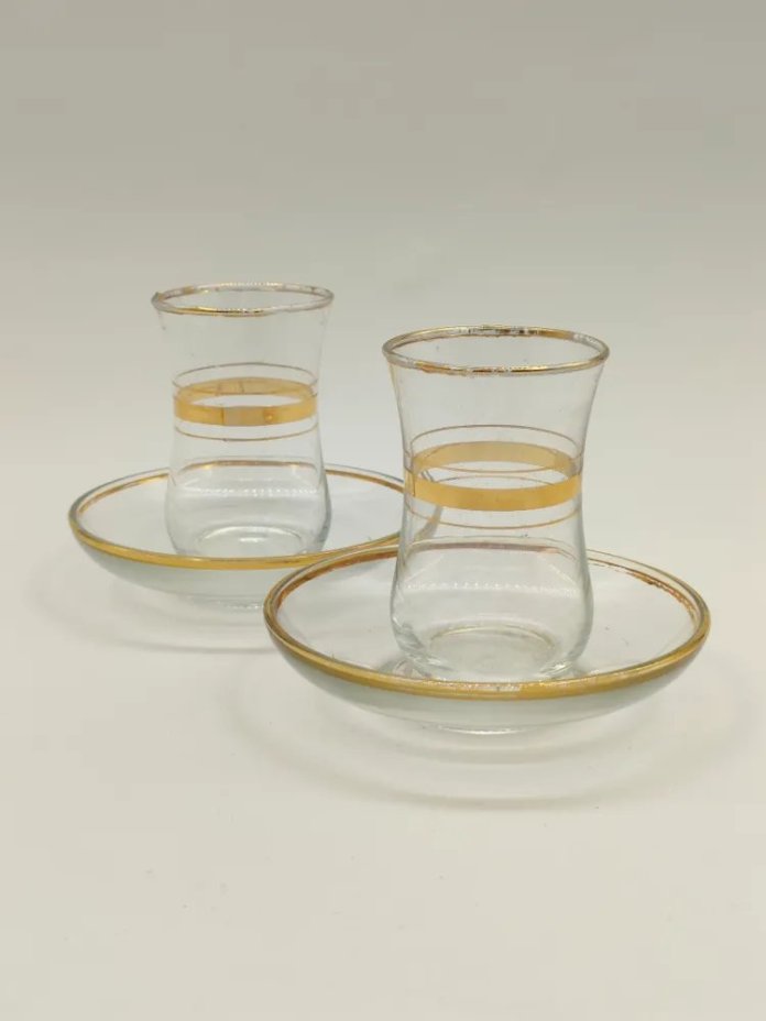 Набор из двух чайных пар со стаканами армудами для чаепития в восточном стиле, стекло, золочение, Турция, 1980-1990 гг.