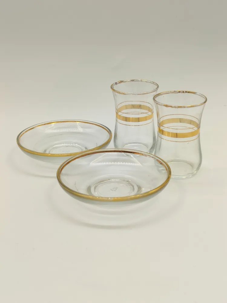 Набор из двух чайных пар со стаканами армудами для чаепития в восточном стиле, стекло, золочение, Турция, 1980-1990 гг.